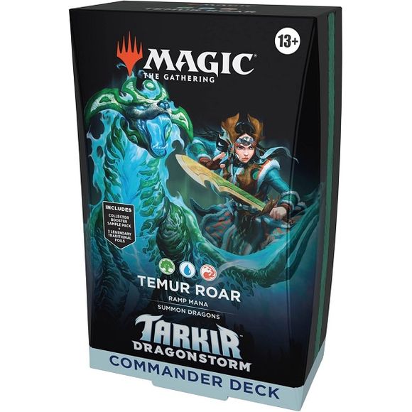 Release Date: 04/11/2025
Battle your friends with powerful creatures and spectacular spells in Commander, Magic’s most popular multiplayer format. This Tarkir: Dragonstorm Temur Roar Commander Deck includes 1 Green-Blue-Red deck of 100 Magic cards (98 nonfoil cards and 2 Traditional Foil Borderless Legendary cards), a 2-card Collector Booster Sample Pack (contains 1 Traditional Foil or nonfoil alt-border card of rarity Rare or higher and 1 Traditional Foil Uncommon card), 10 double-sided tokens, 1 deck box