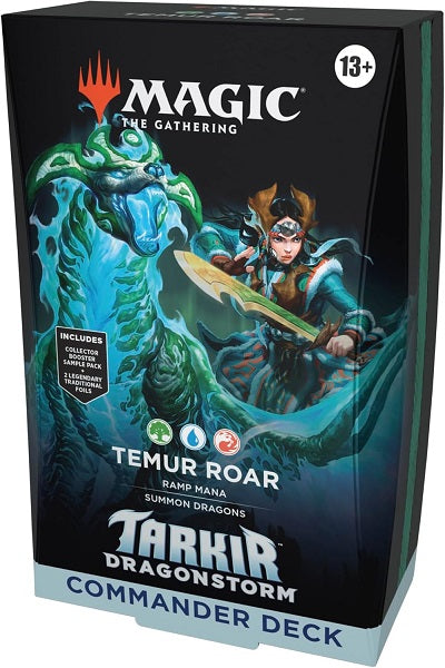 Release Date: 04/11/2025
Battle your friends with powerful creatures and spectacular spells in Commander, Magic’s most popular multiplayer format. This Tarkir: Dragonstorm Temur Roar Commander Deck includes 1 Green-Blue-Red deck of 100 Magic cards (98 nonfoil cards and 2 Traditional Foil Borderless Legendary cards), a 2-card Collector Booster Sample Pack (contains 1 Traditional Foil or nonfoil alt-border card of rarity Rare or higher and 1 Traditional Foil Uncommon card), 10 double-sided tokens, 1 deck box