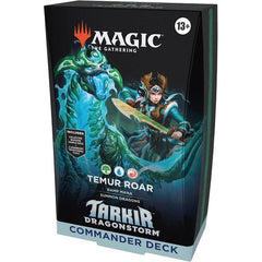 Release Date: 04/11/2025
Battle your friends with powerful creatures and spectacular spells in Commander, Magic’s most popular multiplayer format. This Tarkir: Dragonstorm Temur Roar Commander Deck includes 1 Green-Blue-Red deck of 100 Magic cards (98 nonfoil cards and 2 Traditional Foil Borderless Legendary cards), a 2-card Collector Booster Sample Pack (contains 1 Traditional Foil or nonfoil alt-border card of rarity Rare or higher and 1 Traditional Foil Uncommon card), 10 double-sided tokens, 1 deck box