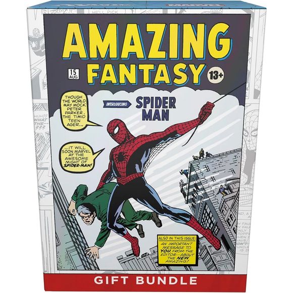 Marvel's Spider-Man Gift Bundle is the perfect present for fans of Magic and Marvel alike! Jam-packed with spider-goodness, it contains a Collector Booster full of Rares, foils, and cool treatments; 9 Play Boosters for playing with friends or to open just for fun; 1 Traditional Foil alternate-art promo card; 15 Traditional Foil Basic Land cards (including 5 with Full Art); 15 nonfoil Basic Land cards (5 with Full Art); 1 special oversized Spindown life counter; 1 foil card storage box; and 2 reference cards