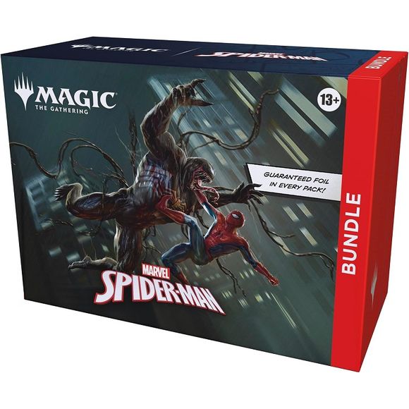 Release Date: 09/26/2025
Gather web-slingers from across the Spider-Verse and team up to take down the sinister foes that threaten the city with a bundle full of cards and exclusive accessories. This Bundle contains 9 Magic: The Gathering | Marvel’s Spider-Man Play Boosters (each containing 14 cards), 1 Traditional Foil alternate-art promo card, 15 Traditional Foil Basic Land cards (including 5 with Full Art), 15 nonfoil Basic Land cards (5 with Full Art), 1 oversized Spindown life counter, 1 card storage b