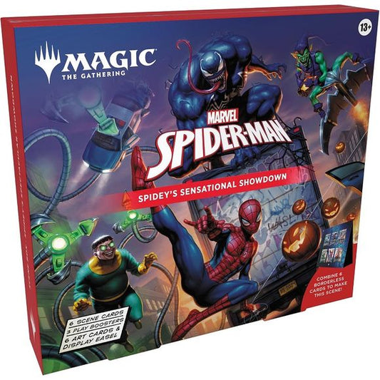 Release Date: September 26th 2025
Immortalize an iconic moment with the Marvel's Spider-Man Scene Box. Power up your deck or collection with these six Borderless Scene cards and piece them together to reveal the full story. A devious ambush adds triple the trouble for Spider-Man! Can he save the city and still make it to date night with MJ?
 
Contents:
3 Marvel's Spider-Man Play Boosters; each Play Booster contains:
14 Magic: The Gathering cards
Play Boosters may contain these cards: SPM 1–231; MAR 1–40
Inc