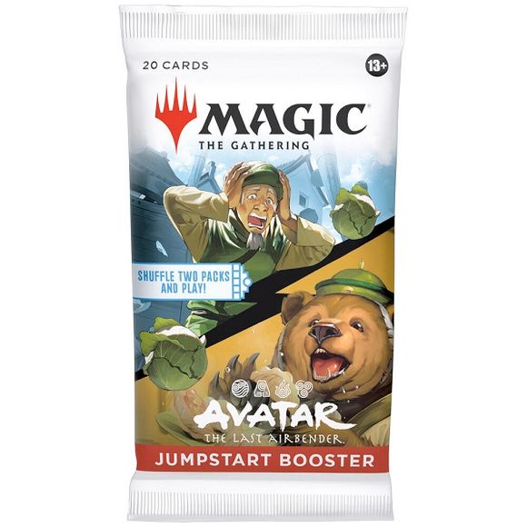 Each Avatar: The Last Airbender - Jumpstart Booster Pack contains 20 Avatar: The Last Airbender-themed cards.
Pack Breakdown:
• 61 Possible Jumpstart themes
• 1–2 Rare or mythic rare cards
• Includes lands