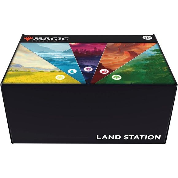 This Land Station contains 400 nonfoil Basic Land cards in a reusable storage box—with 80 Plains (White), 80 Islands (Blue), 80 Swamps (Black), 80 Mountains (Red), and 80 Forests (Green). Each color comes in 3 different card art versions, with all 3 versions included in every box, traveling through the planes of Innistrad, Dominaria, Zendikar, Ixalan, Amonkhet, Theros, Avishkar, and New Phyrexia.