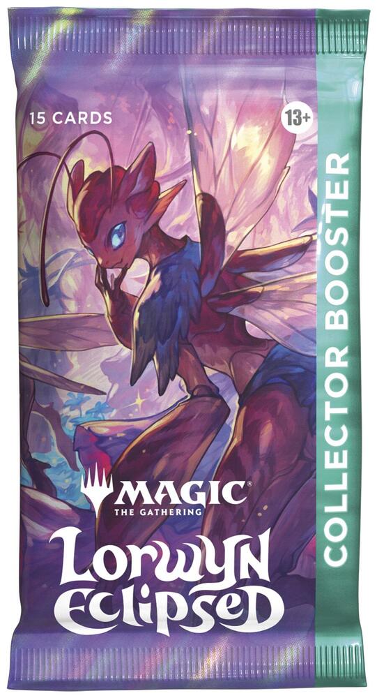Lorwyn Eclipsed - Collector Booster Pack Contains:
• 15 Magic: The Gathering cards
• May contain these cards: ECL 1–268; ECC 1–4, 25–44; SPG 129–148
• 11–12 traditional foil cards
• 5 cards of rarity rare or higher
• 4 uncommon cards
• 5 common cards
• 1 land
• Serialized headliner mythic rare card in <1% of boosters