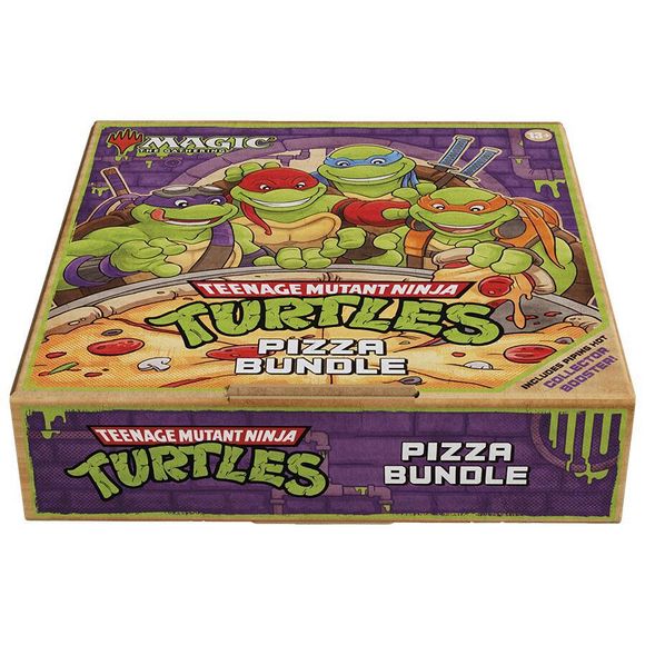 Release Date: Mar 27, 2026
Get a big slice of Magic with everything on it!
Calling all TMNT and Magic fans: Any way you slice it, this hot and fresh bundle really delivers! Once you open the lid, you'll be greeted with nine Turtle-tastic Play Booster packs, 25 basic lands, an oversized Spindown™, full-art pizza basic lands, and pizza-themed promo cards of classic Magic spells. Don't forget the cherry (tomato) on top—a Collector Booster stuffed with rares and foils!
Contents:
• 9 Magic: The Gathering® | Teen