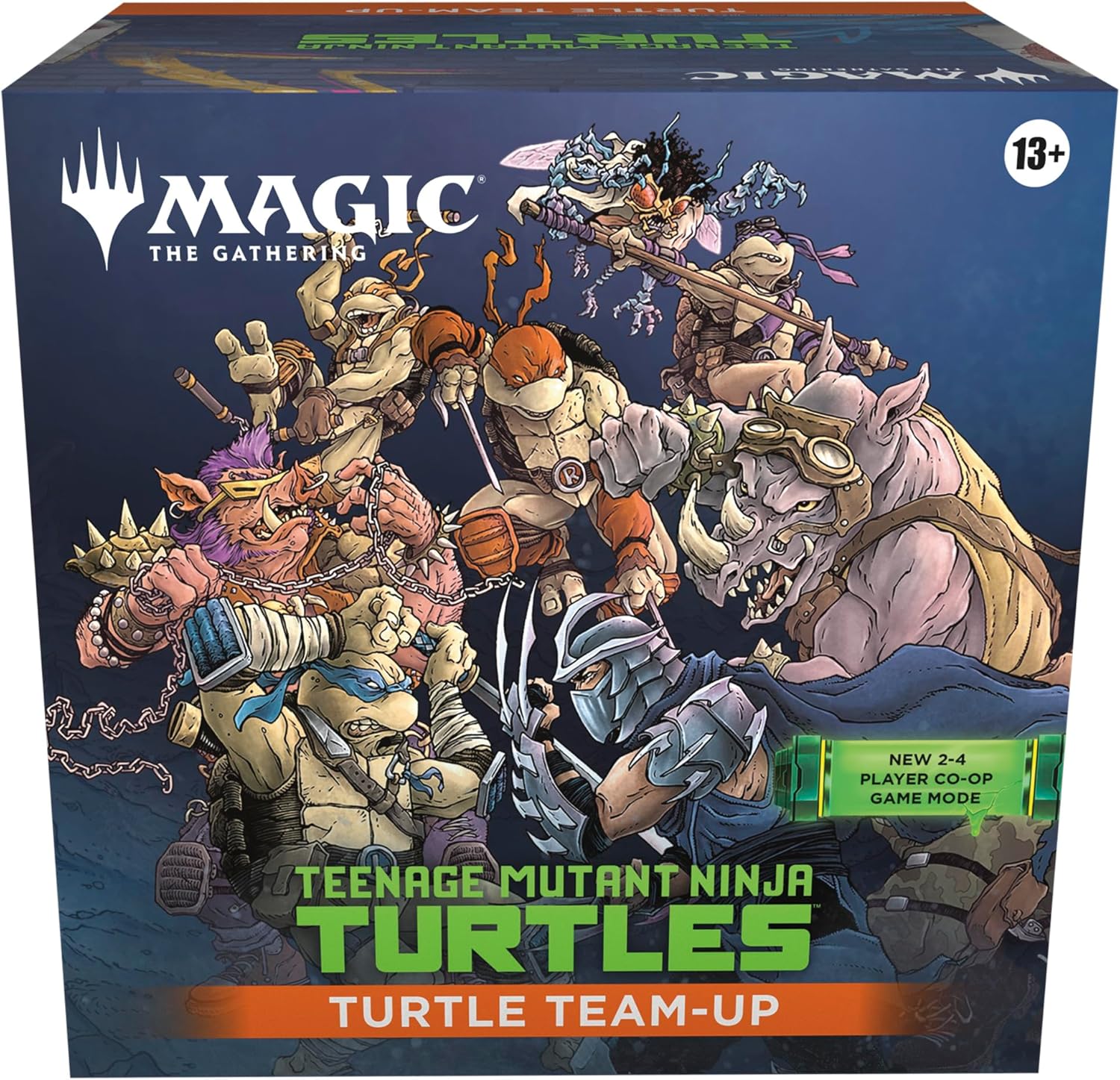 Release Date: March 6th, 2026
When the evil Shredder attacks, Turtles fight back! In this exciting new co-operative strategy format for Magic: The Gathering, two-to-four players battle for survival against an onslaught of villainous adversaries. Play with your favorite of the four pre-built 60-card hero decks, then crack into the included Play Boosters to expand your strategies. Plus, it’s the perfect training dojo for Magic players of any skill level to come together and play! Turtle Team-Up includes four
