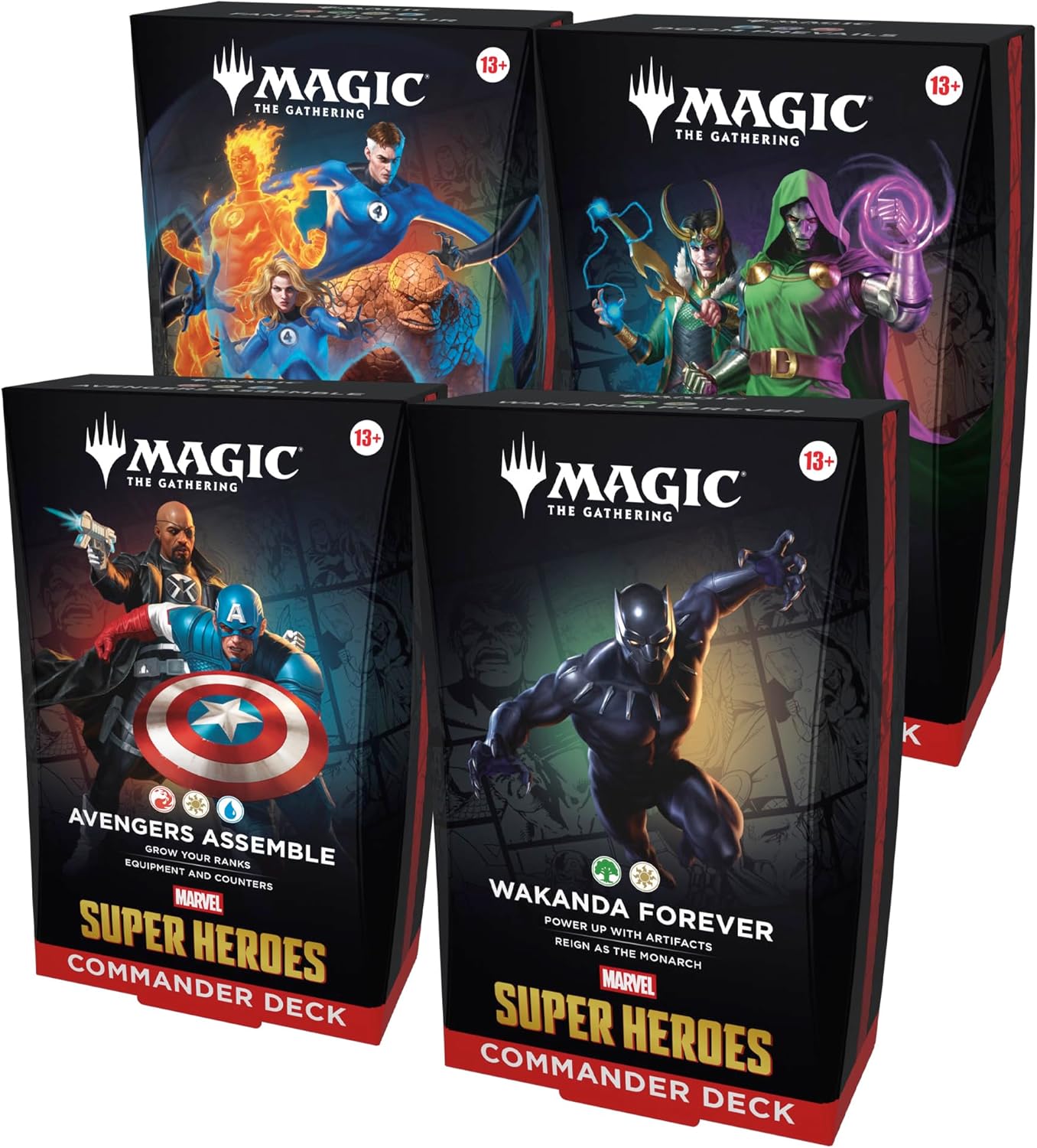 Release Date June 26, 2026
This bundle includes all 4 Magic: The Gathering | Marvel Super Heroes decks: Avengers Assemble, Wakanda Forever, The Fantastic Four, and Doom Prevails. Each includes 1 deck of 100 Magic cards, 10 double-sided token cards, 1 deck box (can hold 100 sleeved cards), 1 strategy guide, and 1 reference card. The Avengers Assemble, Wakanda Forever, and Doctor Doom decks each include 1 Traditional Foil Borderless card and 99 regular cards. The Fantastic Four deck includes 4 Traditional Foi