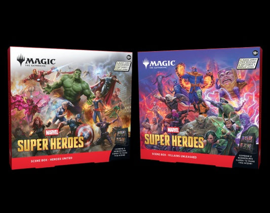 Release Date June 26, 2026
Immortalize epic conflicts with a Magic: The Gathering | Marvel Super Heroes Scene Box. Power up your deck or collection with six traditional foil borderless scene cards. While each scene card is a playable Magic card (including game text), this box also contains six art-only cards that allow you to appreciate the scene in all its glory and display it on the included easel! Each Scene Box comes with three Play Boosters; the best way to discover what Magic has to offer, they're per