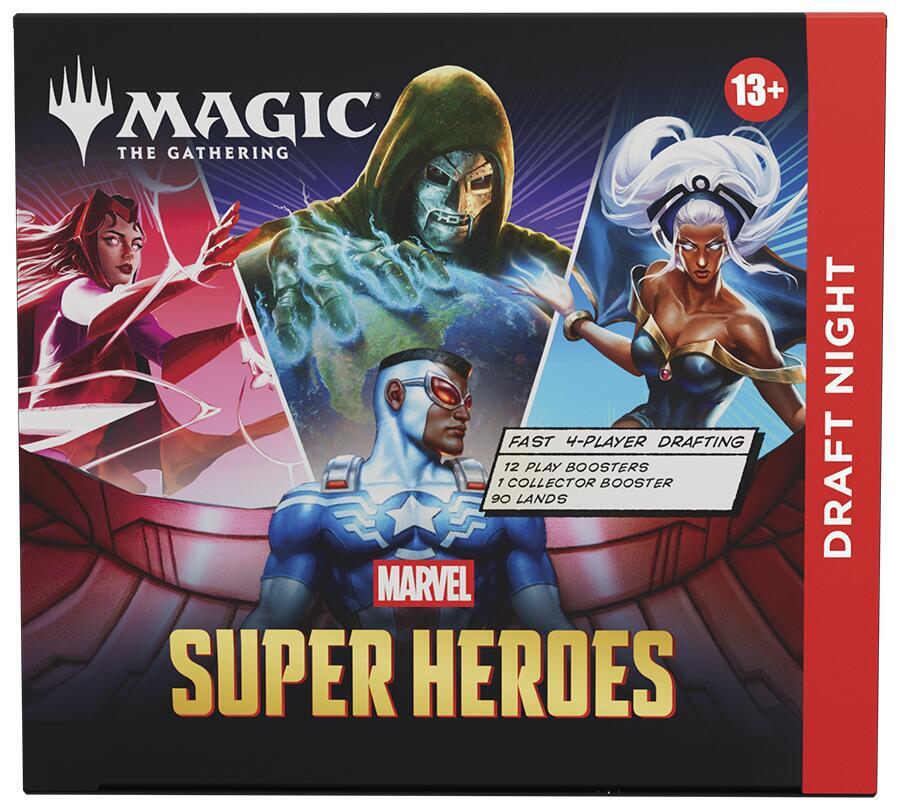 Release Date: June 26, 2026
It’s a draft party in a box! Draft Night is the self-contained kit for hosting a Pick-Two Draft for four players. Pick-Two encourages fast, dynamic drafting that’s great for kitchen table play or adding a dash of variety to game night! Crown the winner with the packed-in Marvel Super Heroes Collector Booster (or you can keep it for yourself, we won’t judge). Contains 12 Play Boosters, 1 Collector Booster, 90 Basic Land cards, and 10 double-sided token cards