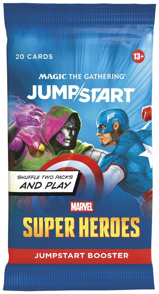 Release Date June 26, 2026
ach Jumpstart Booster includes 20 cards.
The game of chaotic combinations gets mashed up with the Marvel Universe! Just grab two packs, shuffle them together, and you're ready to battle. Each pack includes all the lands you need and has 1 of 51 possible Marvel Super Heroes themes; combine two to build your dream super team of Heroes and Villains and unleash their earthshaking abilities. With instant deck building and delightful theme combos, Jumpstart is great for a quick game or