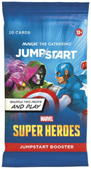 Release Date June 26, 2026
ach Jumpstart Booster includes 20 cards.
The game of chaotic combinations gets mashed up with the Marvel Universe! Just grab two packs, shuffle them together, and you're ready to battle. Each pack includes all the lands you need and has 1 of 51 possible Marvel Super Heroes themes; combine two to build your dream super team of Heroes and Villains and unleash their earthshaking abilities. With instant deck building and delightful theme combos, Jumpstart is great for a quick game or