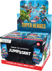 Release Date June 26, 2026
The game of chaotic combinations gets mashed up with the Marvel Universe! Just grab two packs, shuffle them together, and you’re ready to battle. You’ll find Marvel-themed packs constructed with power, fun, and versatility in mind. Plus, each pack has all the lands you need, so there’s truly nothing standing in the way of a shuffle-two showdown! This box contains 24 Magic: The Gathering | Marvel Super Heroes Jumpstart Boosters, each containing 20 Magic cards. If you’re looking to