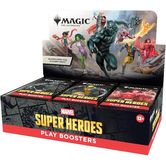 Release Date: June 26, 2026
The Marvel Universe has arrived in full force! An all-star roster of heavy hitters jumps from the comics to the battlefield, and the fate of the world hangs in the balance. Soar, strike, and smash your way to victory in Magic: The Gathering | Marvel Super Heroes! This box contains 30 Magic: The Gathering | Marvel Super Heroes Play Boosters, perfect for playing with friends and opening packs just for fun. Each Play Booster contains 14 cards, including 1–4 cards of rarity Rare or h