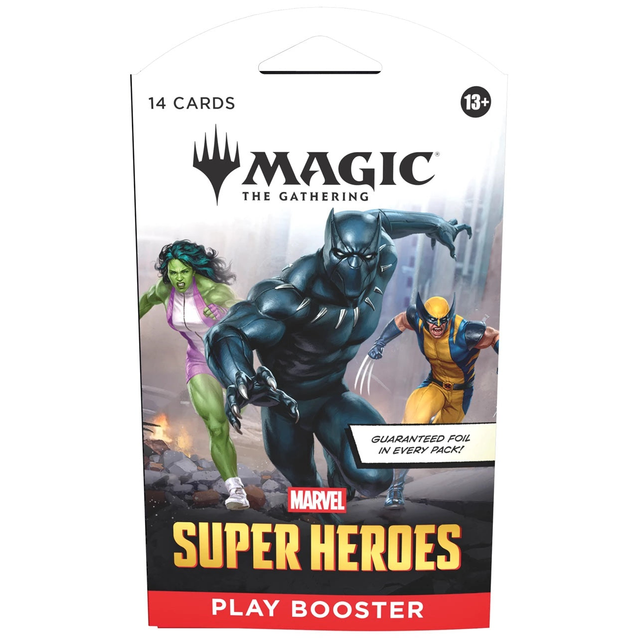 Release Date 6/26/2026
Play Boosters are the ideal choice for the play environment, especially Limited events. Whether players are drafting with friends, chasing Booster Fun, or simply expanding their collections, Play Boosters offer something for everyone.
Contents:
14 Magic: The Gathering cards
May contain these cards: MSH 1–384; MAR 41–100
1–4 cards of rarity rare or higher (2: 27%; 3: 2%; 4: <1%)
3–5 uncommon cards
6–9 common cards
1 land
1 card of any rarity is traditional foil
Foil borderless mythic r