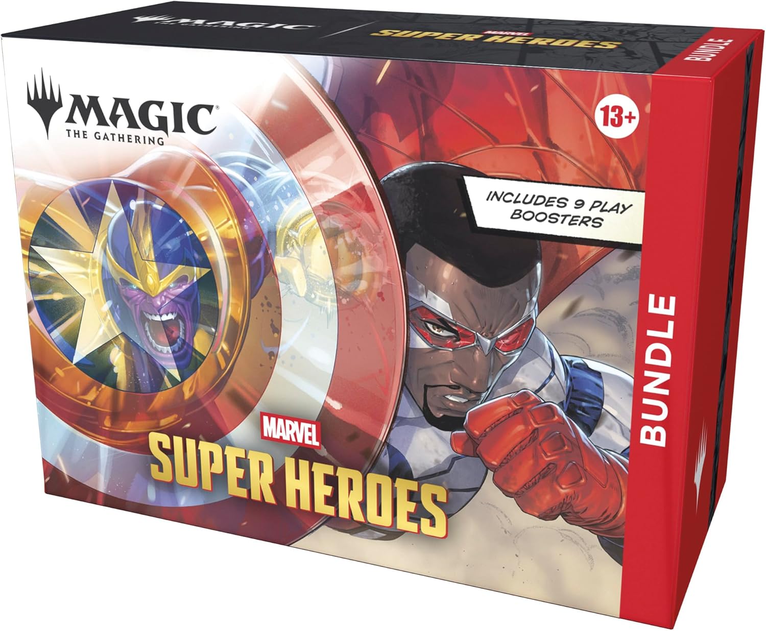 Release Date: June 26, 2026
The Marvel Universe has arrived in full force! An all-star roster of heavy hitters jumps from the comics to the battlefield, and the fate of the world hangs in the balance. Soar, strike, and smash your way to victory in Magic: The Gathering | Marvel Super Heroes! This Bundle includes 9 Magic: The Gathering | Marvel Super Heroes Play Boosters (each containing 14 cards), 1 Traditional Foil promo card with Bundle-exclusive alternate art, 15 Traditional Foil Land cards (5 with full a