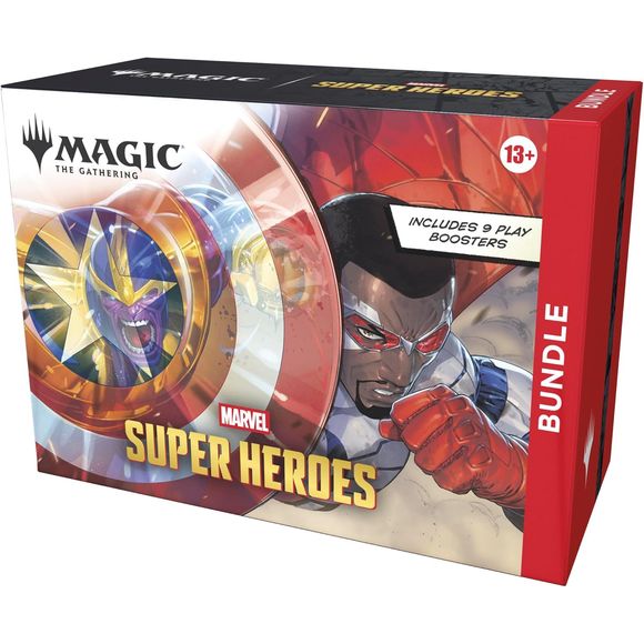 Release Date: June 26, 2026
The Marvel Universe has arrived in full force! An all-star roster of heavy hitters jumps from the comics to the battlefield, and the fate of the world hangs in the balance. Soar, strike, and smash your way to victory in Magic: The Gathering | Marvel Super Heroes! This Bundle includes 9 Magic: The Gathering | Marvel Super Heroes Play Boosters (each containing 14 cards), 1 Traditional Foil promo card with Bundle-exclusive alternate art, 15 Traditional Foil Land cards (5 with full a