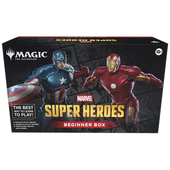 Release Date 6/26/2026
Your Magic: The Gathering journey begins with a friend beside you! Play your very first game in a guided battle of Captain America versus Iron Man. Choose your side and send your forces into the fight while learning essential gameplay lessons. Once you've conquered the basics, realize your true potential with themed Magic: The Gathering | Marvel Super Heroes decks—just combine two packs and you're ready to go!
Contents:
• 2 tutorial decks
• 2 learn-to-play guides
• 1 rules reference b