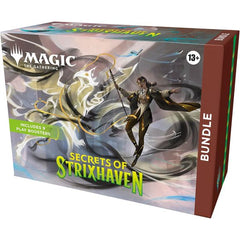 Release Date: April 24, 2026
The hallowed halls of Strixhaven welcome you back to school! Choose your college of magical study and expand your education in the greater world of Arcavios. Uncover ancient battlefields, monstrous mires, and mind-bending architecture as you stand against the mysterious threats plaguing the plane. This Bundle contains 9 Secrets of Strixhaven Play Boosters, plus 1 Traditional Foil card with Bundle-exclusive alternate-art, 15 Traditional Foil (5 Full-Art) and 15 nonfoil Land cards