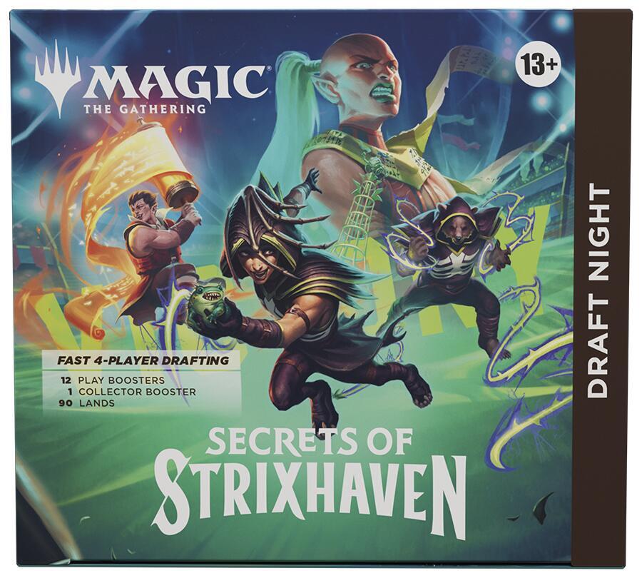 Release Date: April 24, 2026
It's a draft party in a box! Draft Night has everything you need to host a Pick-Two Draft with just four players. Pick-Two encourages fast, dynamic drafting that's great for kitchen-table play or adding a dash of variety to game night. Bring Secrets of Strixhaven to the table for an unforgettable game night!
Return to Strixhaven, Magic's beloved mage school, and uncover years of mysteries as you explore its hallowed halls and beyond. The five colleges are back, each with their o