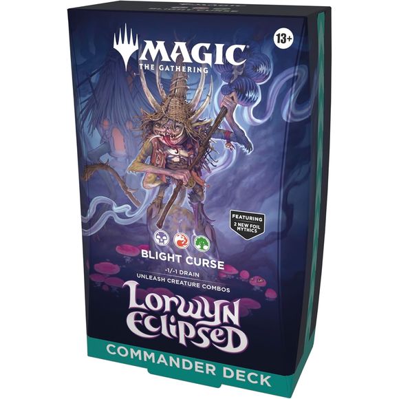 Commander decks are ready to play right out of the box and contain everything you need to play Magic's most popular multiplayer format. Lorwyn Eclipsed features two different Commander deck versions.
An infamous boggart spoken of only in whispers, Auntie Ool is the terror of Shadowmoor, known to dish out potent curses for the smallest of transgressions. Her wickedly talented witchcraft allows her to conjure blight wherever she pleases and even stabilize wild magic into usable forms.
Contents:
• 1 ready-to-p