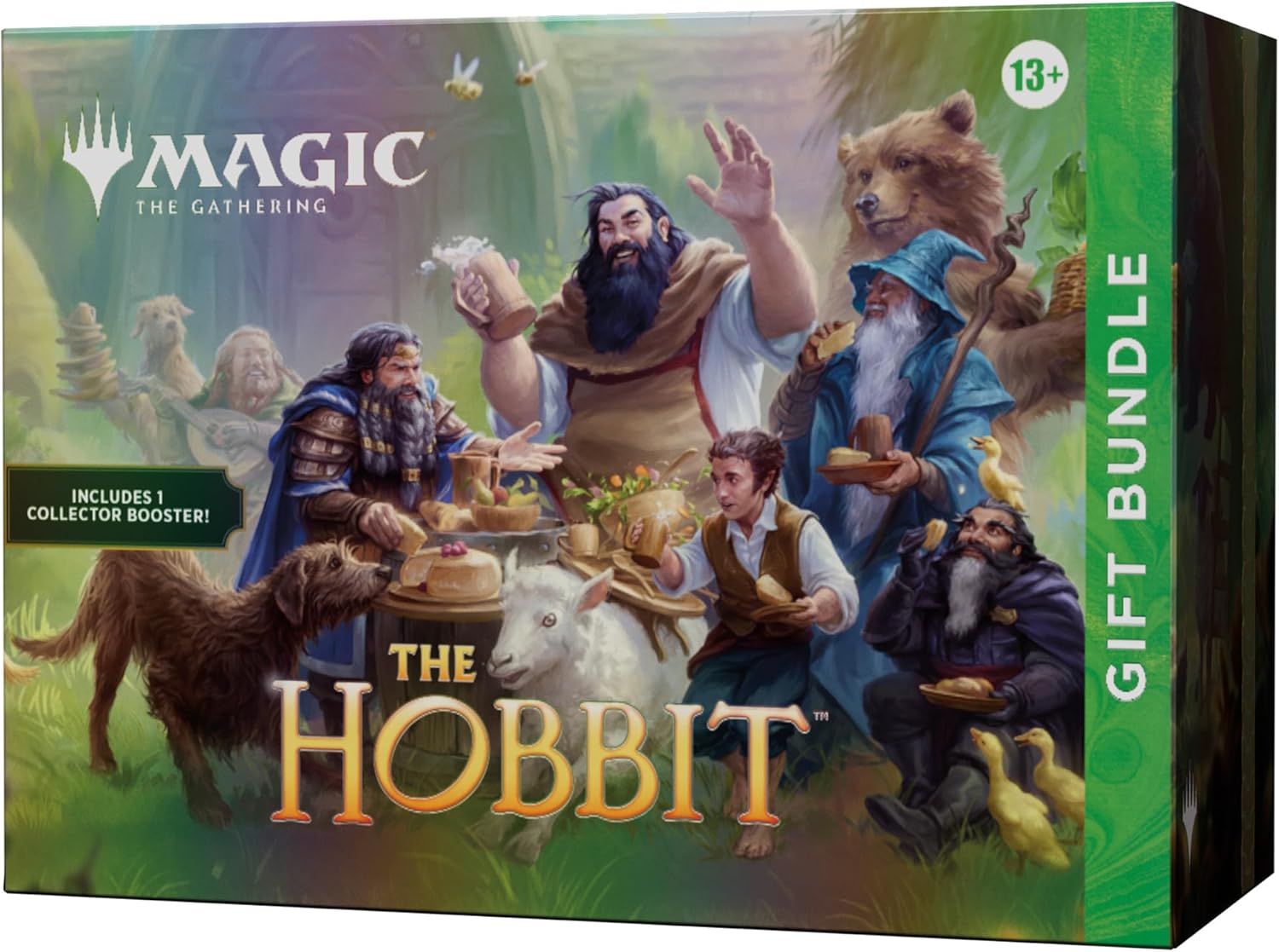 Release Date: 9/4/2026
Contents:
- 9 Magic: The Gathering The Hobbit Play Boosters
-1 Magic: The Gathering The Hobbit Collector Booster
-Alternate-art traditional foil promo card
-4 surge foil full-art seasonal Hobbit lands
-15 traditional foil basic lands (with 5 featuring full art)
-15 non-foil basic lands (with 5 featuring full art)
-Oversized Gift Bundle Spindown life counter
-Foil Gift Bundle card box
-2 reference cards