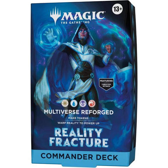 Release Date:Oct 2, 2026
Jace Beleren, Planeswalker and brilliant mind-mage, envisioned a Multiverse where none of its greatest threats ever existed. Unfortunately, Jace is also the one with the power to make it a reality. This Reality Fracture Multiverse Reforged Commander Deck includes 1 deck of 100 Magic cards (98 regular cards and 2 Traditional Foil Borderless Legendary cards), 1 deck box (can hold 100 sleeved cards), 10 double-sided token cards, 1 strategy guide, and 1 reference card.