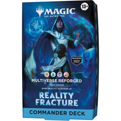Release Date:Oct 2, 2026
Jace Beleren, Planeswalker and brilliant mind-mage, envisioned a Multiverse where none of its greatest threats ever existed. Unfortunately, Jace is also the one with the power to make it a reality. This Reality Fracture Multiverse Reforged Commander Deck includes 1 deck of 100 Magic cards (98 regular cards and 2 Traditional Foil Borderless Legendary cards), 1 deck box (can hold 100 sleeved cards), 10 double-sided token cards, 1 strategy guide, and 1 reference card.