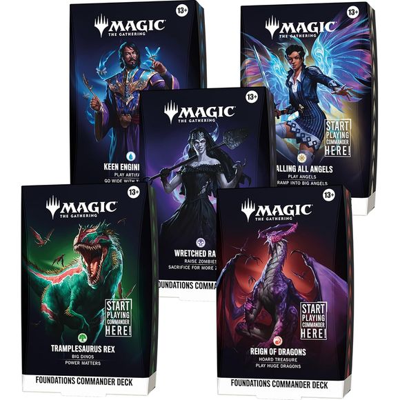 Release DateOct 2, 2026
This bundle includes all 5 Magic: The Gathering Foundations decks: Calling All Angels, Keen Engineering, Wretched Ranks, Reign of Dragons, and Tramplesaurus Rex. Each includes 1 deck of 100 Magic cards (99 regular cards and 1 Traditional Foil Mythic Rare card), 10 double-sided token cards, 1 deck box (can hold 100 sleeved cards), 1 strategy guide, and 1 reference card.