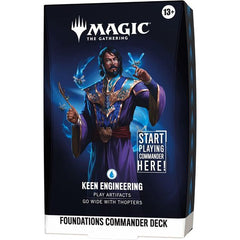 Release Date: Oct 2, 2026
Battle your friends with powerful creatures and spectacular spells in Commander, Magic's most popular multiplayer format. Foundations Commander Decks come in five new versions and offer the easiest path into the format with everything a player needs to play their first (or fiftieth) game of Commander right out of the box.
Keen Engineering
Work with Sai to engineer useful artifacts and generate flying Thopters as a bonus. Make unexpected plays and draw additional cards to let the co