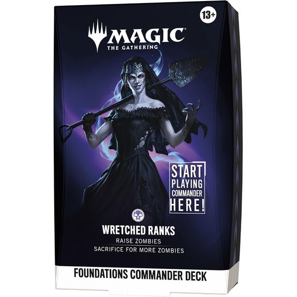 Release Date: Oct 2, 2026
Battle your friends with powerful creatures and spectacular spells in Commander, Magic's most popular multiplayer format. Foundations Commander Decks come in five new versions and offer the easiest path into the format with everything a player needs to play their first (or fiftieth) game of Commander right out of the box.
Wretched Ranks
Overrun the table's defenses with Ghoulcaller Gisa, who can rapidly build a Zombie army. Once your shambling horde reaches critical mass, boost the
