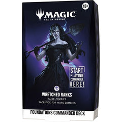 Release Date: Oct 2, 2026
Battle your friends with powerful creatures and spectacular spells in Commander, Magic's most popular multiplayer format. Foundations Commander Decks come in five new versions and offer the easiest path into the format with everything a player needs to play their first (or fiftieth) game of Commander right out of the box.
Wretched Ranks
Overrun the table's defenses with Ghoulcaller Gisa, who can rapidly build a Zombie army. Once your shambling horde reaches critical mass, boost the