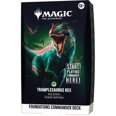 Release Date: Oct 2, 2026
Battle your friends with powerful creatures and spectacular spells in Commander, Magic's most popular multiplayer format. Foundations Commander Decks come in five new versions and offer the easiest path into the format with everything a player needs to play their first (or fiftieth) game of Commander right out of the box.
Tramplesaurus Rex
Tower over the rest of the food chain with Ghalta and let high-power creatures run wild on the battlefield. Higher attack power reduces Ghalta's