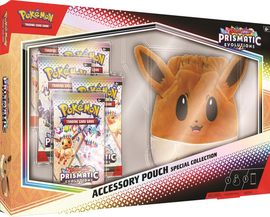 Evolve Your Accessory Storage with Eevee!
Cute, fuzzy, and full of charm, Eevee can bring a smile to the face of anyone it meets! With the soft accessory pouch in this collection, you can carry Eevee's enthusiasm with you wherever you go, from Pokemon League to a day out on the town. Eevee's big ears stand tall for a unique look, and the drawstring on top helps keep your coins and other accessories secure. Also included are booster packs from the special Scarlet & Violet - Prismatic Evolutions expansion, fe