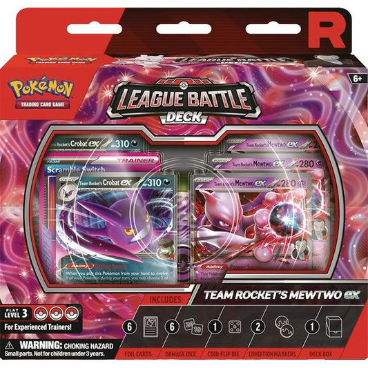 Team Rocket's Mewtwo ex Commands an Army of Powerful Pokemon! In this box, you'll find: 1 ready-to-play 60-card deck, 6 damage-counter dice, 1 coin-flip die, 2 coin condition markers, 1 deck box, 1 strategy sheet, and 1 code card to play this deck online.
