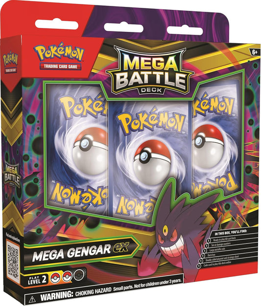 It’s Time for a Mega Battle! Pokémon TCG: Mega Battle Deck—Mega Gengar ex Pokémon TCG: Mega Battle Deck—Mega Diancie ex Two new Pokémon TCG: Mega Battle Decks are ready to rumble! Team up with Mega Gengar ex and battle from the shadows, or call upon Mega Diancie ex and dazzle opponents with your skill. Each deck includes a powerful Pokémon ex and everything you need to play right away. Selection of deck is random not option to select.