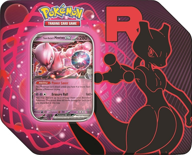 Aim for World Domination with Team Rocket! Bring your ambitious plans to fruition by joining forces with some of Team Rocket's toughest Pokemon! With this tin, choose the strategic mind of Team Rocket's Mewtwo ex, the potent toxins of Team Rocket's Nidoking ex, or the prideful power of Team Rocket's Persian ex as a foil promo card, then discover more Pokemon and Trainer cards inside a handful of booster packs. This Pokemon TCG: Team Rocket Tin includes: 1 foil promo card featuring Team Rocket's Mewtwo ex, T