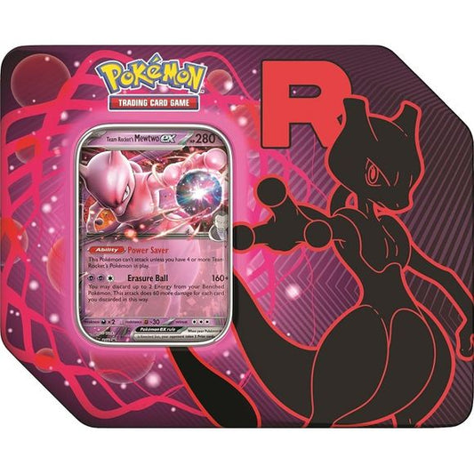 Aim for World Domination with Team Rocket! Bring your ambitious plans to fruition by joining forces with some of Team Rocket's toughest Pokemon! With this tin, choose the strategic mind of Team Rocket's Mewtwo ex, the potent toxins of Team Rocket's Nidoking ex, or the prideful power of Team Rocket's Persian ex as a foil promo card, then discover more Pokemon and Trainer cards inside a handful of booster packs. This Pokemon TCG: Team Rocket Tin includes: 1 foil promo card featuring Team Rocket's Mewtwo ex, T