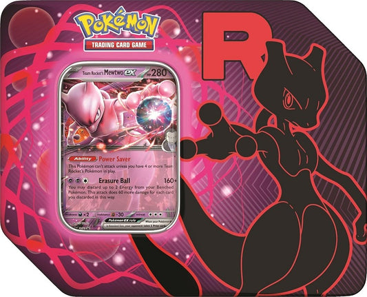Aim for World Domination with Team Rocket! Bring your ambitious plans to fruition by joining forces with some of Team Rocket's toughest Pokemon! With this tin, choose the strategic mind of Team Rocket's Mewtwo ex, the potent toxins of Team Rocket's Nidoking ex, or the prideful power of Team Rocket's Persian ex as a foil promo card, then discover more Pokemon and Trainer cards inside a handful of booster packs. This Pokemon TCG: Team Rocket Tin includes: 1 foil promo card featuring Team Rocket's Mewtwo ex, T