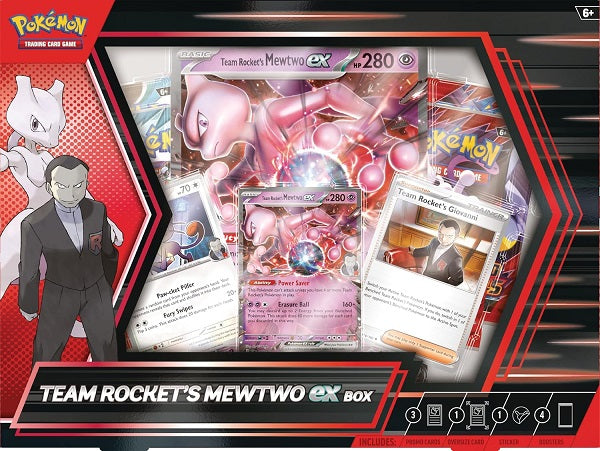 Giovanni & Mewtwo Join Forces to Fight! In pursuit of ultimate power and world domination, Giovanni and Team Rocket are unleashing one terrifyingly strong Pokemon in battle! When Team Rocket's Mewtwo ex has backup from other Team Rocket's Pokemon, its Erasure Ball attack can do up to 280 damage in one massive blow. In this box, you'll find this powerful Pokemon ex as a foil promo card, along with Team Rocket's Meowth and Team Rocket's Giovanni, plus a photo sticker and handful of booster packs. The Pokemon