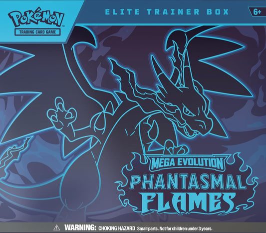 LIMIT 3 per person
Release Date November, 2025
The Pokémon TCG: Mega Evolution—Phantasmal Flames Elite Trainer Box includes 9 Pokémon TCG: Mega Evolution—Phantasmal Flames booster packs, 1 full-art foil promo card featuring Charcadet, and 65 card sleeves.
This also comes with 40 Pokémon TCG Energy cards, a player’s guide to the Mega Evolution—Phantasmal Flames expansion, and 6 damage-counter dice.
You will also receive 1 competition-legal coin-flip die, 1 plastic coin, and a collector’s box to hold everyth