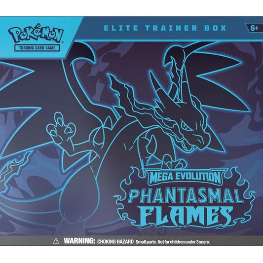 LIMIT 3 per person
Release Date November, 2025
The Pokémon TCG: Mega Evolution—Phantasmal Flames Elite Trainer Box includes 9 Pokémon TCG: Mega Evolution—Phantasmal Flames booster packs, 1 full-art foil promo card featuring Charcadet, and 65 card sleeves.
This also comes with 40 Pokémon TCG Energy cards, a player’s guide to the Mega Evolution—Phantasmal Flames expansion, and 6 damage-counter dice.
You will also receive 1 competition-legal coin-flip die, 1 plastic coin, and a collector’s box to hold everyth