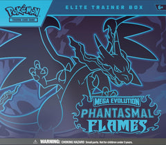 LIMIT 3 per person
Release Date November, 2025
The Pokémon TCG: Mega Evolution—Phantasmal Flames Elite Trainer Box includes 9 Pokémon TCG: Mega Evolution—Phantasmal Flames booster packs, 1 full-art foil promo card featuring Charcadet, and 65 card sleeves.
This also comes with 40 Pokémon TCG Energy cards, a player’s guide to the Mega Evolution—Phantasmal Flames expansion, and 6 damage-counter dice.
You will also receive 1 competition-legal coin-flip die, 1 plastic coin, and a collector’s box to hold everyth