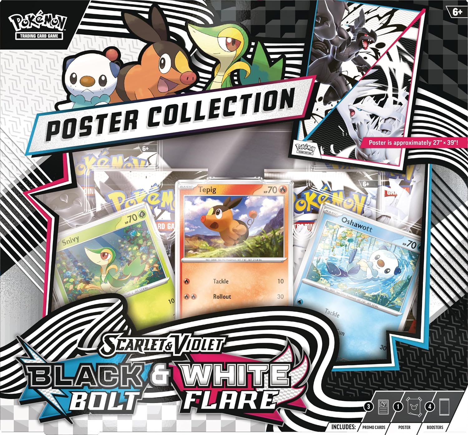 156 Pokémon, One Amazing Poster With 156 different Pokémon to discover, Unova is a region of grand opportunity for Pokémon Trainers! Fill out your own regional Pokédex starting with first partners Snivy, Tepig, and Oshawott as foil promo cards, then find more Unova Pokémon inside booster packs from the special Scarlet & Violet—Black Bolt and Scarlet & Violet—White Flare expansions. You also get a double-sided poster celebrating both expansions.
The Pokémon TCG: Unova Poster Collection includes 3 foil promo