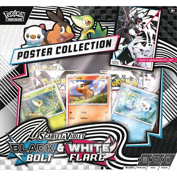 156 Pokémon, One Amazing Poster With 156 different Pokémon to discover, Unova is a region of grand opportunity for Pokémon Trainers! Fill out your own regional Pokédex starting with first partners Snivy, Tepig, and Oshawott as foil promo cards, then find more Unova Pokémon inside booster packs from the special Scarlet & Violet—Black Bolt and Scarlet & Violet—White Flare expansions. You also get a double-sided poster celebrating both expansions.
The Pokémon TCG: Unova Poster Collection includes 3 foil promo