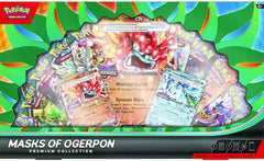 Ogerpon ex Fights with Powers of Fire & Water! With a change of its mask, the Legendary Pokémon Ogerpon can switch types as it pleases! Bring the wrathful fires of Hearthflame Mask Ogerpon ex and the torrential waters of Wellspring Mask Ogerpon ex to your own collection with a pair of ready-to-play foil cards, along with an oversize version of Hearthflame Mask Ogerpon ex for display. You also get 10 booster packs with even more Pokémon inside. The Pokémon TCG: Masks of Ogerpon Premium Collection includes: 1