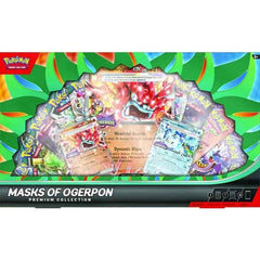 Ogerpon ex Fights with Powers of Fire & Water! With a change of its mask, the Legendary Pokémon Ogerpon can switch types as it pleases! Bring the wrathful fires of Hearthflame Mask Ogerpon ex and the torrential waters of Wellspring Mask Ogerpon ex to your own collection with a pair of ready-to-play foil cards, along with an oversize version of Hearthflame Mask Ogerpon ex for display. You also get 10 booster packs with even more Pokémon inside. The Pokémon TCG: Masks of Ogerpon Premium Collection includes: 1