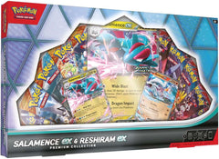 The Pokemon TCG: Salamence ex & Reshiram ex Premium Collection includes: - 1 foil promo card featuring Salamence ex - 1 foil promo card featuring Reshiram ex - 1 oversize foil card featuring Salamence ex - 10 Pokemon TCG booster packs