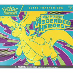 LIMIT 3 per person
Release Date: 02/20/2026
Marvel at the awesome potential as Mega Dragonite ex takes flight, leading a gathering of all-star Pokémon to battle! Trainer’s Pokémon and Stellar Tera Pokémon ex join returning and newly discovered Mega Evolution Pokémon ex, including some with special artwork showing off their biggest and boldest attacks. Celebrate the stars of Scarlet & Violet and the dawn of Mega Evolution with the Pokémon TCG: Mega Evolution—Ascended Heroes expansion!
The Pokémon TCG: Ascen
