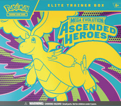 LIMIT 3 per person
Release Date: 02/20/2026
Marvel at the awesome potential as Mega Dragonite ex takes flight, leading a gathering of all-star Pokémon to battle! Trainer’s Pokémon and Stellar Tera Pokémon ex join returning and newly discovered Mega Evolution Pokémon ex, including some with special artwork showing off their biggest and boldest attacks. Celebrate the stars of Scarlet & Violet and the dawn of Mega Evolution with the Pokémon TCG: Mega Evolution—Ascended Heroes expansion!
The Pokémon TCG: Ascen